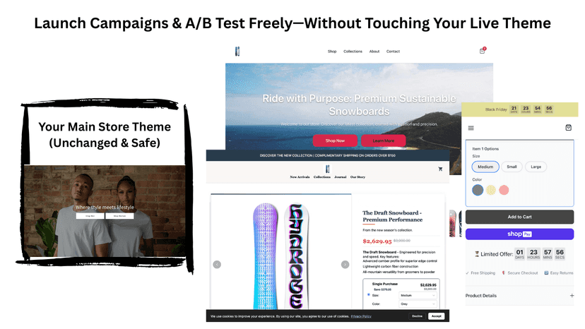 Safely A/B test landing pages without editing your live theme.
