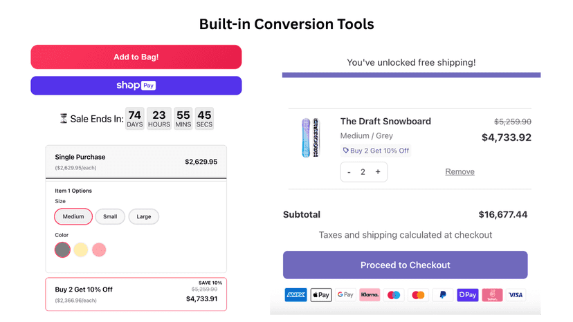 AI page with quantity breaks, urgency timer, and trust badges.
