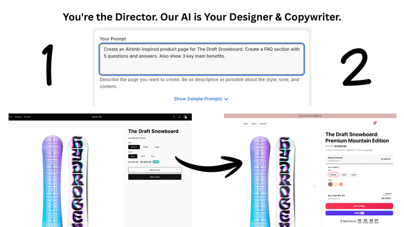 AI turning a text prompt into a finished landing page.