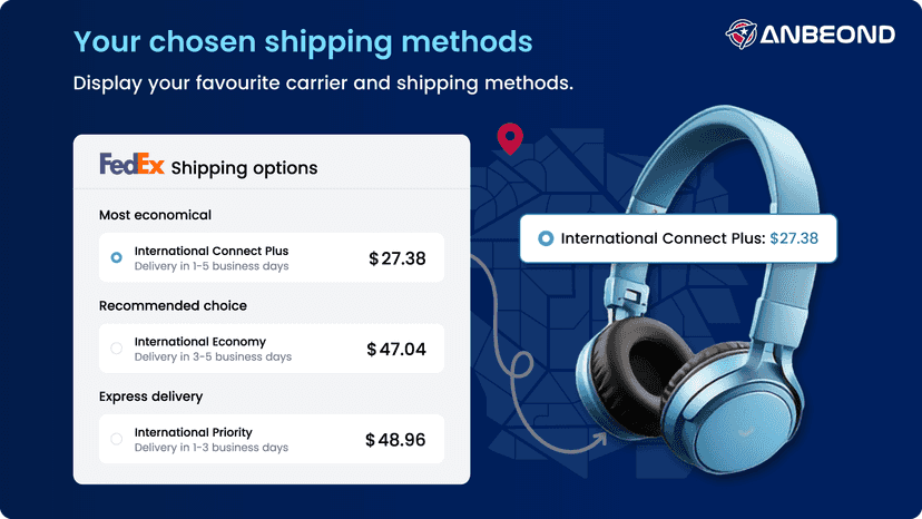 Shows shipping methods with calculated cost at checkout.