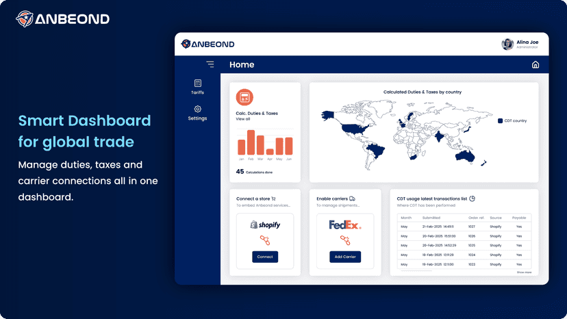 Manage duties, taxes & carrier connections all in one dashboard.