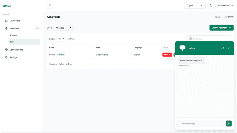 Assistant list with try button and chat interface