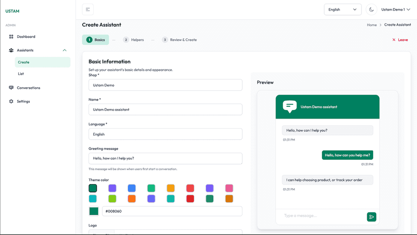 Assistant setup wizard configuration interface