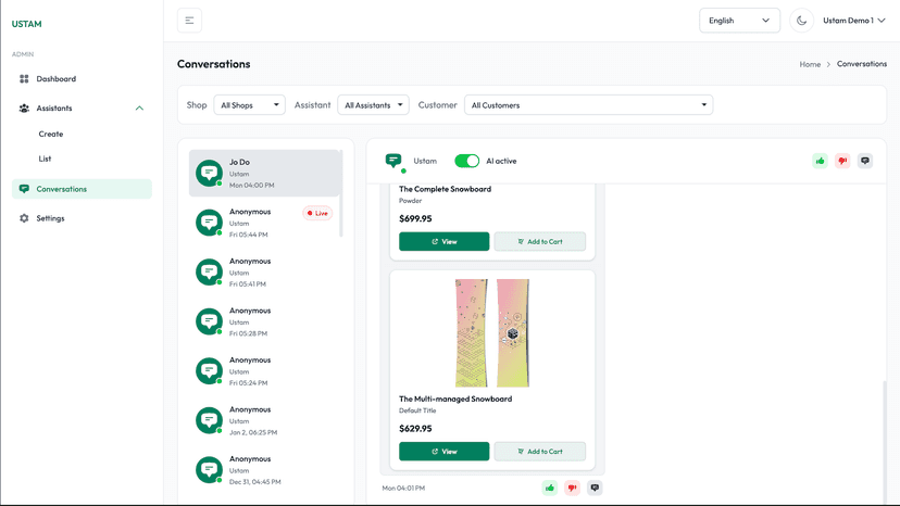 Conversation management page with chat history