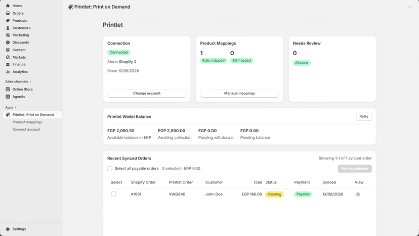 Dashboard with mappings, wallet balance, and orders