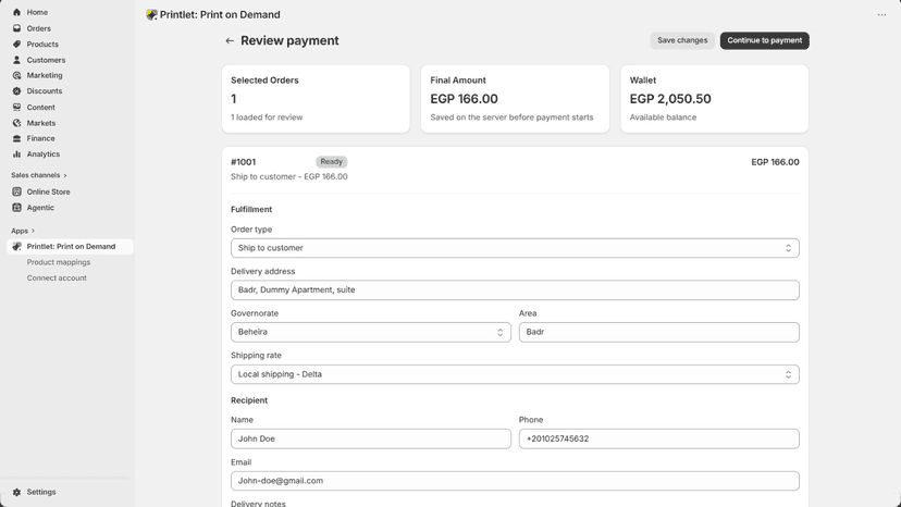 Review synced orders and choose a payment method