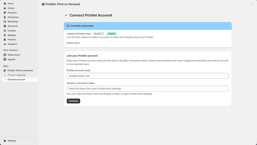 Connect a Shopify store to a Printlet account