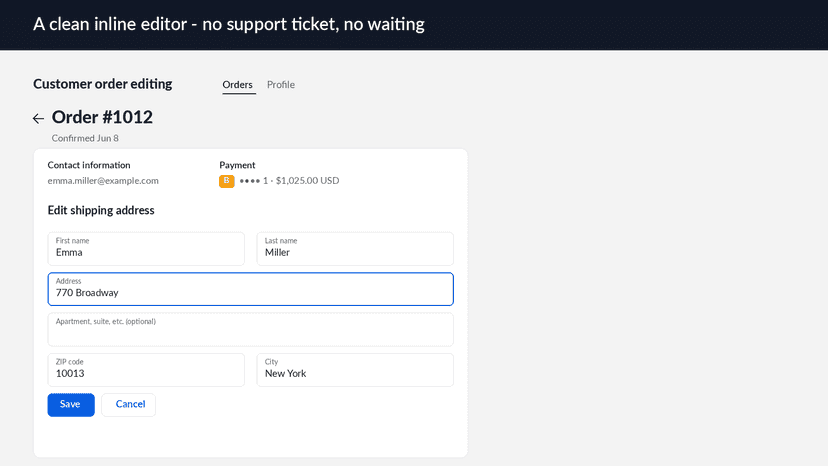 Inline shipping address editor with name, address, ZIP and city
