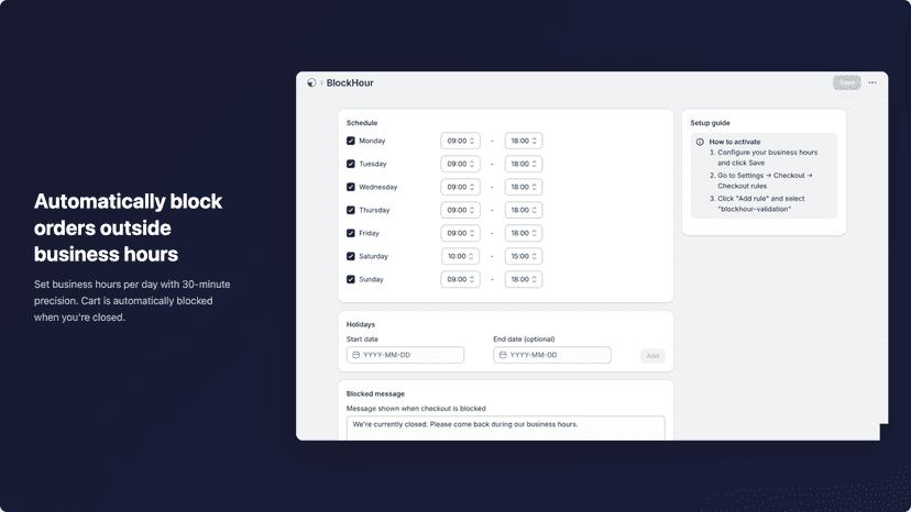 BlockHour schedule settings with business hours per day