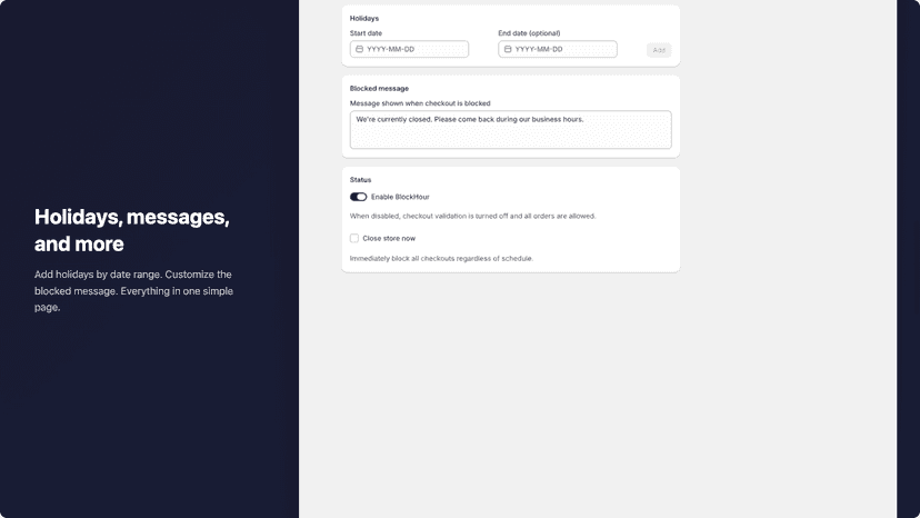 Full settings page with holidays, message, and status