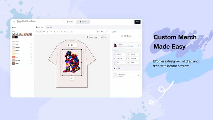 Custom merch creation made easy with a drag-and-drop tool.
