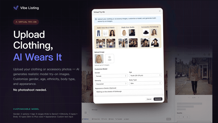 Virtual try-on: upload clothing, AI generates model shots
