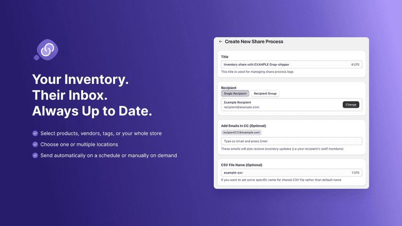 Create Share Process form with product filters.