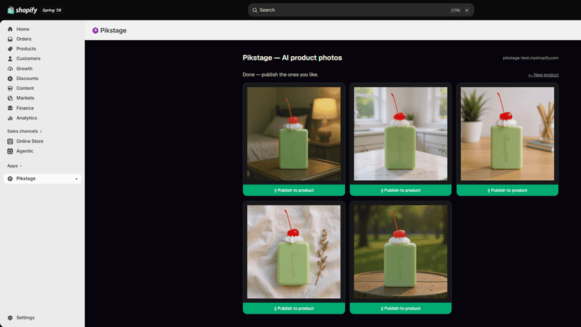 Five AI product photos generated from one image