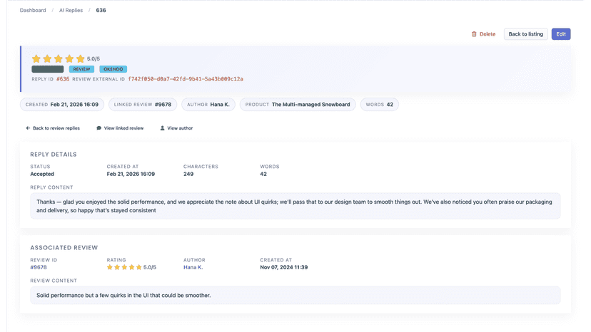 AI-generated reply to a customer review in Sentimo dashboard