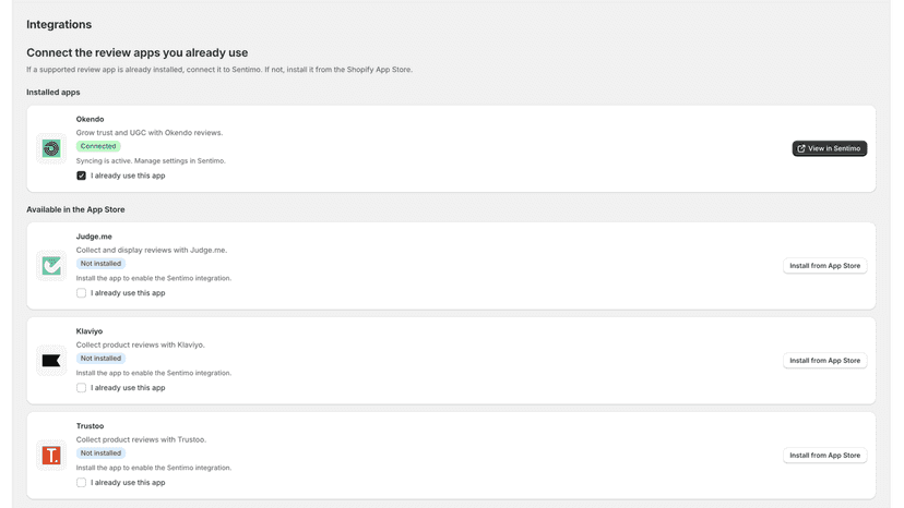 Sentimo integrations dashboard showing connected review platform