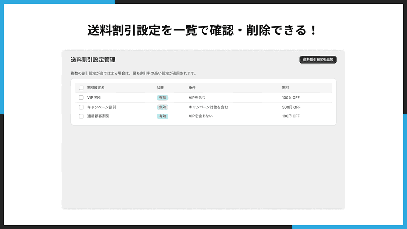 送料割引設定を一覧で確認・削除できる!