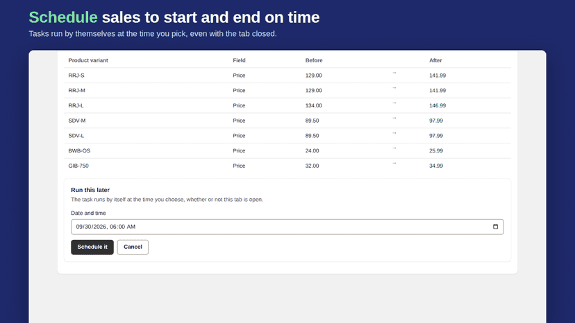 Scheduling a price change to run at a set date and time