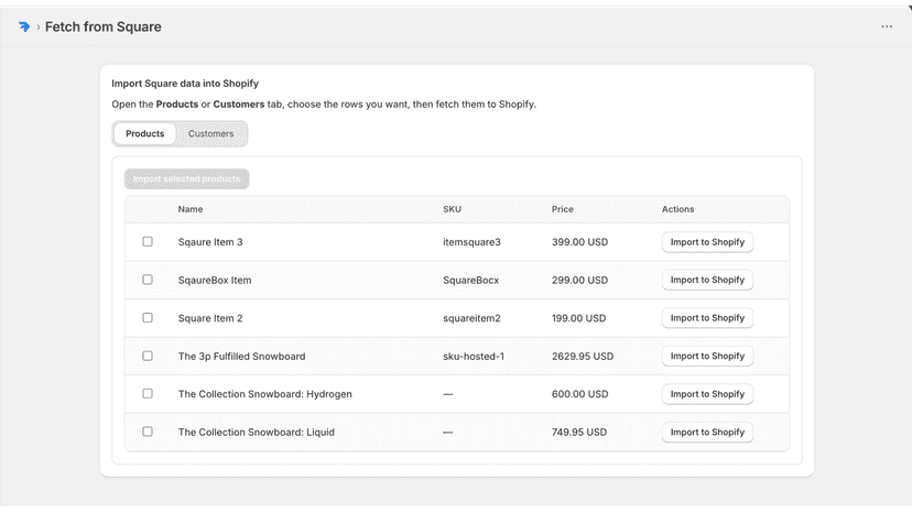 Pull Product and customer records from Square