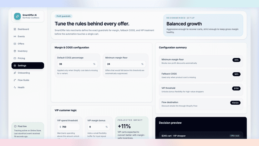 Margin and COGS settings screen in SmartOffer merchant dashboard