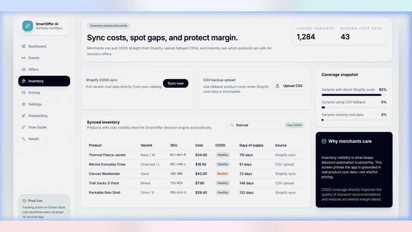Inventory management page showing product costs synced from Shop