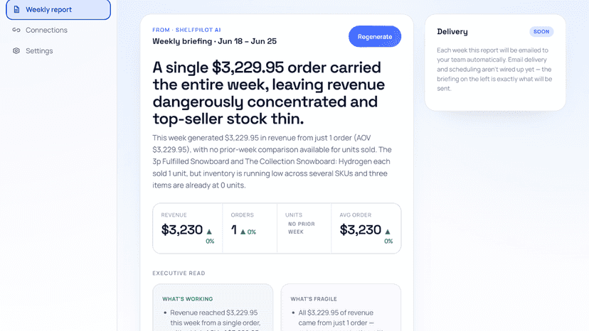 ShelfPilot weekly AI briefing with sales and inventory insights
