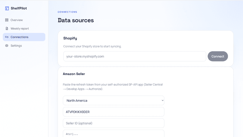 ShelfPilot connections page for Shopify and Amazon setup syncing