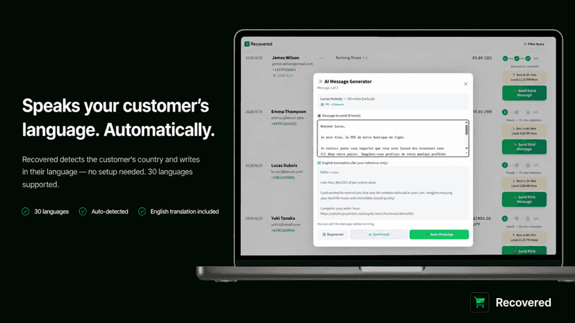 Auto-detect language, recover carts in 30 languages