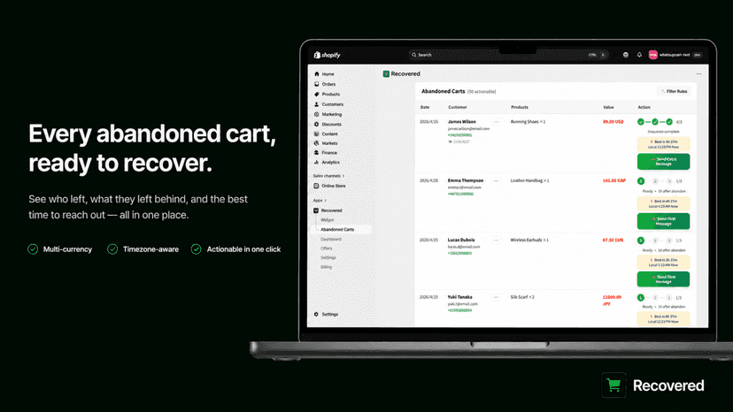 Shopify abandoned cart list with AI recovery actions