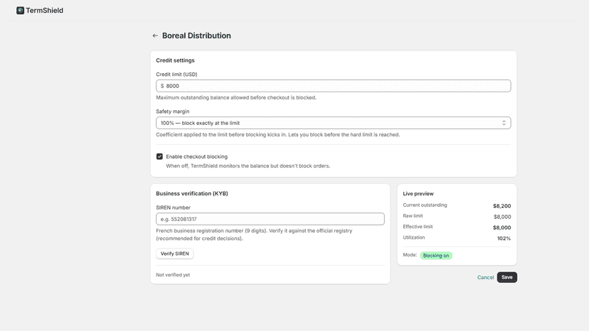 Per-company credit limit, safety margin, and KYB check