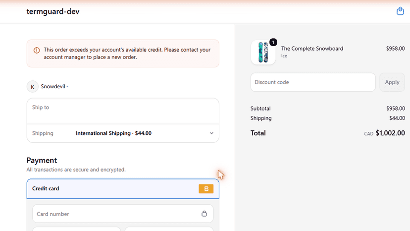 B2B checkout blocked when an order exceeds the credit limit