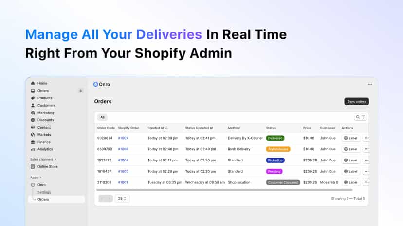 Onro Shopify App Orders List