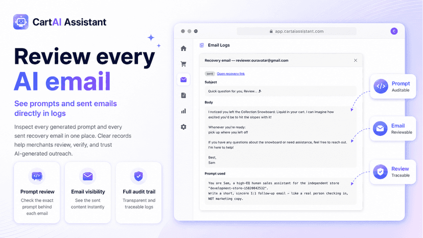 Log detail showing generated subject, email body, and AI prompt.
