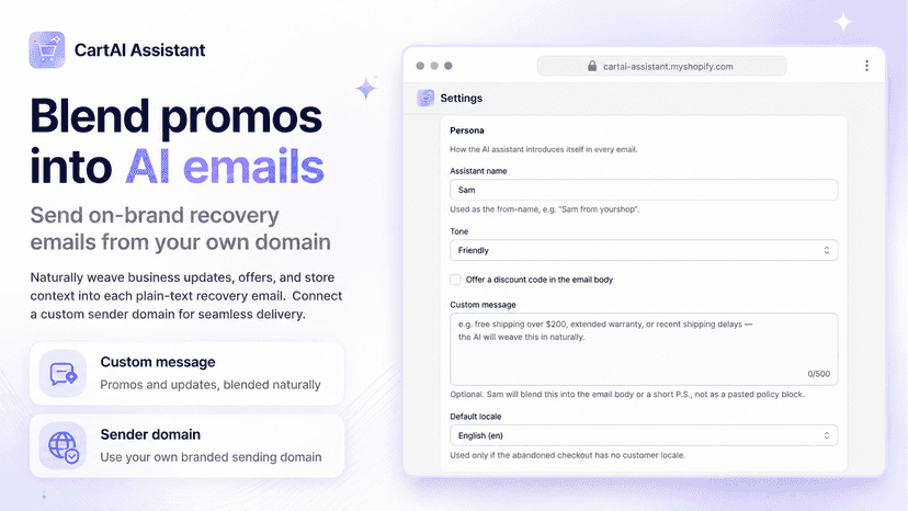 Settings page for assistant persona, tone, and default email loc