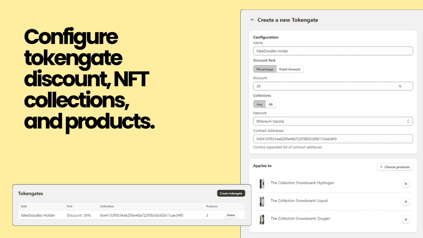 Configure tokengate discount, NFT collections, and products.