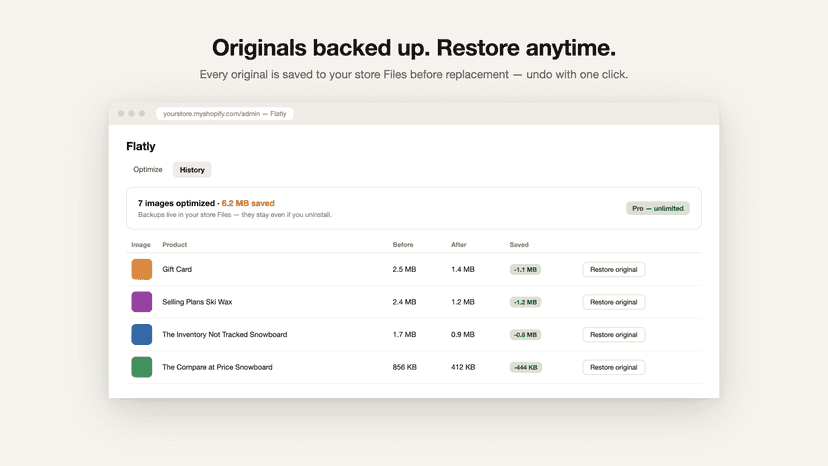 History tab with backups, savings and one-click restore