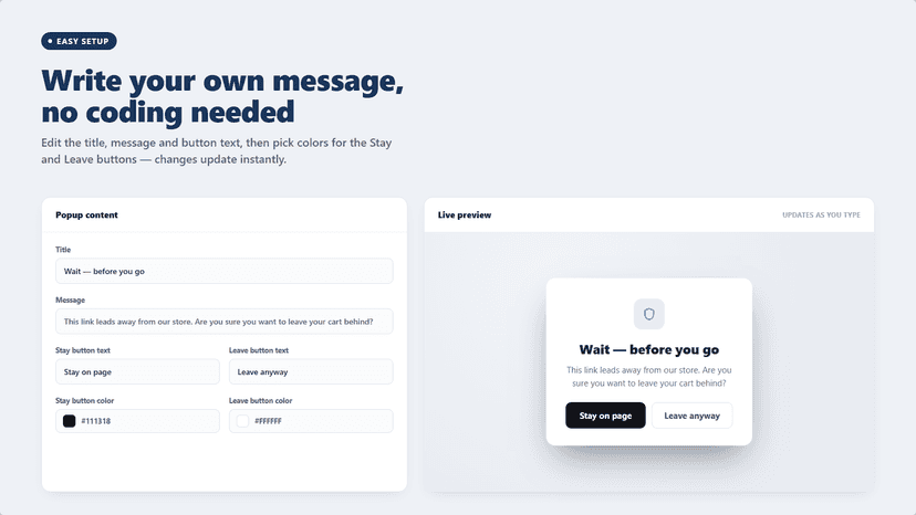 Editing popup message and button colors with live preview