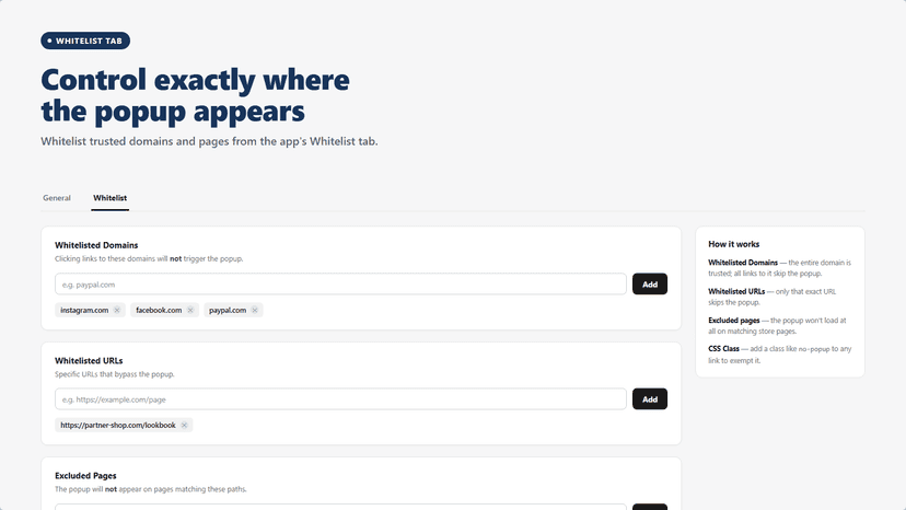 Whitelist tab excluding trusted domains and pages from popup