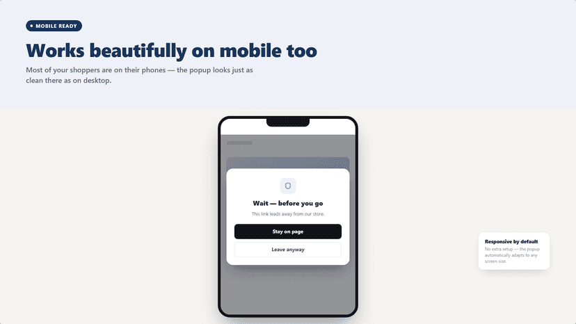Exit-intent Leaving Notice popup shown on a mobile store page