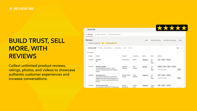 Reviews dashboard with moderation, publish, and reply tools