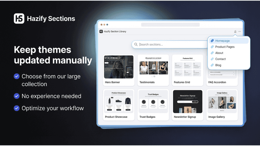 Section library with install options in Hazify Sections