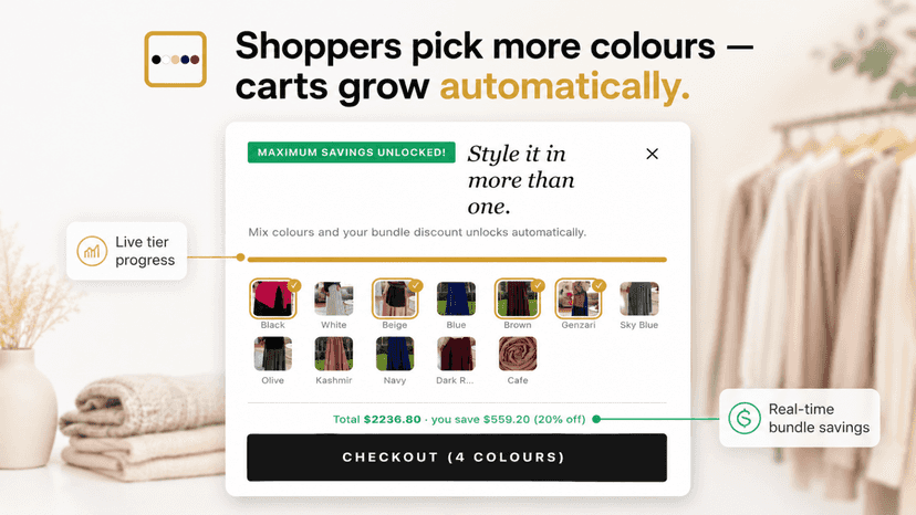 Storefront popup to add multiple colours with live discount
