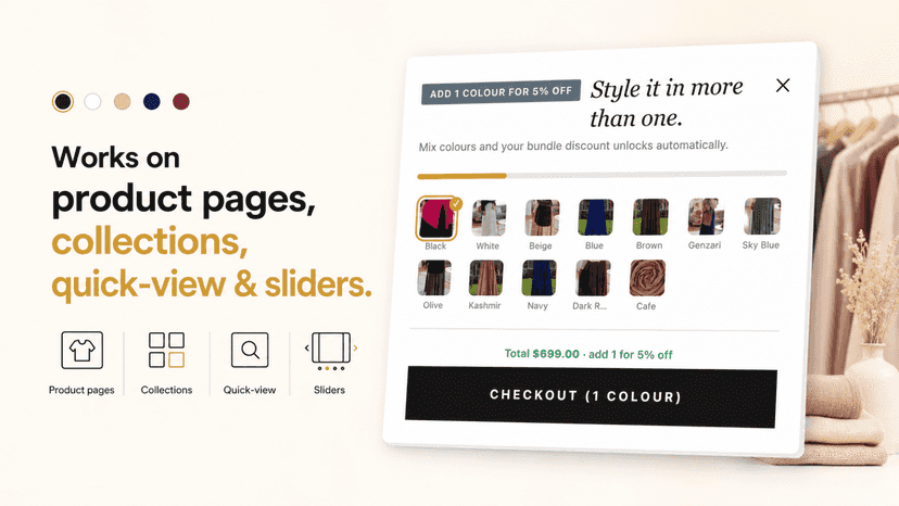 Works on product pages, collections, quick-view and sliders
