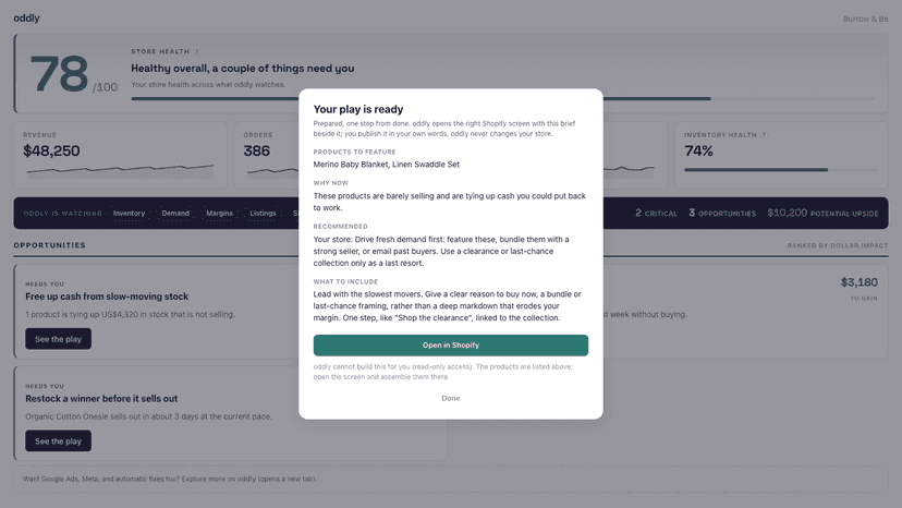 An action card: the issue, the data behind it, the exact fix