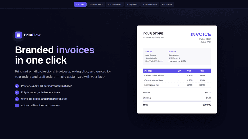 Branded invoice ready to print, with logo and itemized totals