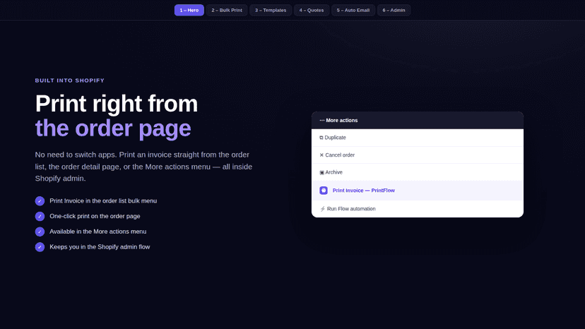 Print an invoice from the order page More actions menu