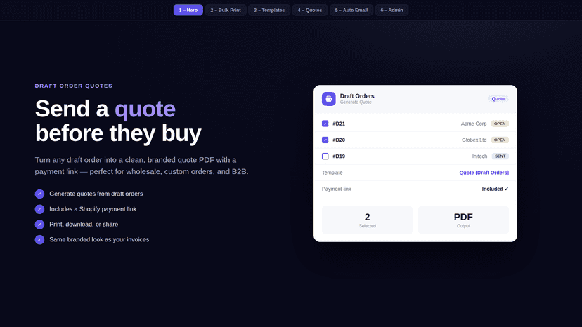 Turn a draft order into a branded quote PDF with pay link