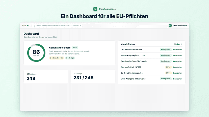 ShopCompliance Dashboard mit Compliance-Score und Modul-Status-Ü
