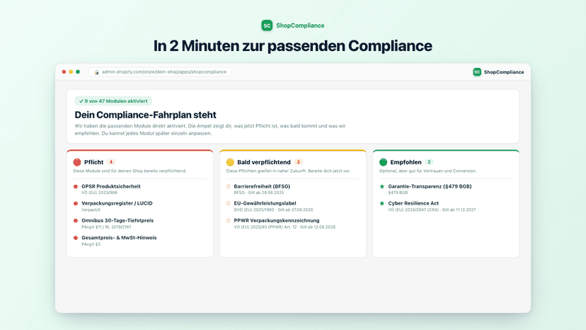 ShopCompliance Quiz-Ergebnis mit Ampel: Pflicht, bald verpflicht
