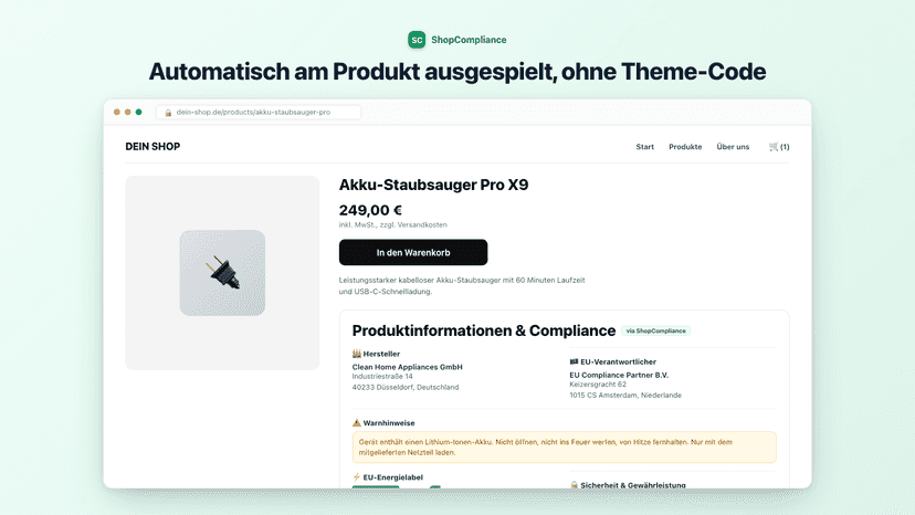 Compliance-Block auf einer Produktseite mit GPSR-Hersteller, War